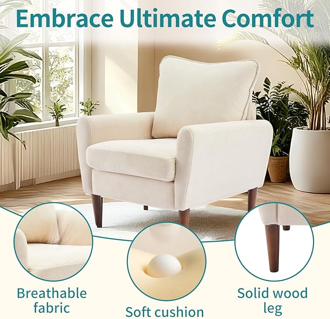 OLIXIS Comfy Accent Chair for Living Room Bedroom and Waiting Room Upholstered Mid-Century Reading Chair with Pillow and Solid Wood Legs Wide Singe Modern Lounge Sofa (Beige 2 Pack)