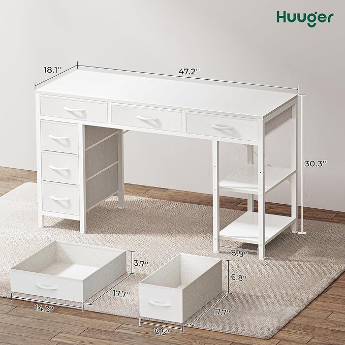 Huuger Computer Desk with 6 Drawers Office Desk with Shelves Reversible Gaming Desk Corner Desk with Storage Work for Home Office Study Living Room 47inch White