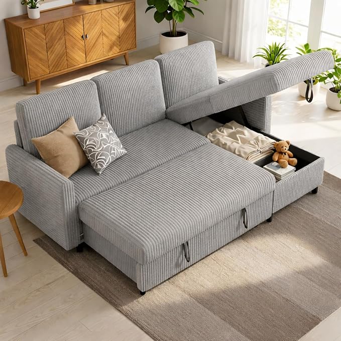 JAMFLY Pull Out Sleeper Sectional Sofa L Shaped Corduroy Couch with Hidden Storage Convertible Sofa Bed for Small Living Rooms and Apartments Light Grey