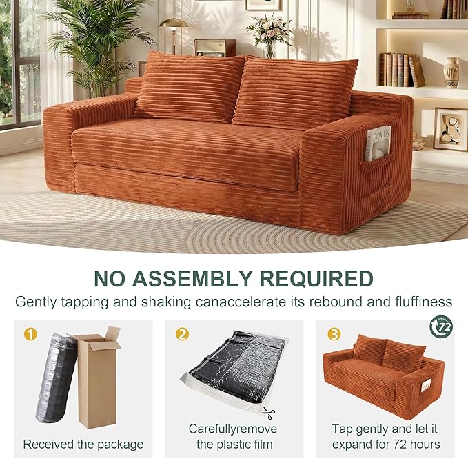 73 Convertible Sofa Bed 2 in 1 Folding Couch Bed Boneless Couch in a Box Cloud Loveseat Sleeper Fold Out Comfy Floor Futon Sofa with 2 Pillows for Living Room Bedroom No Assembly (Orange 73)