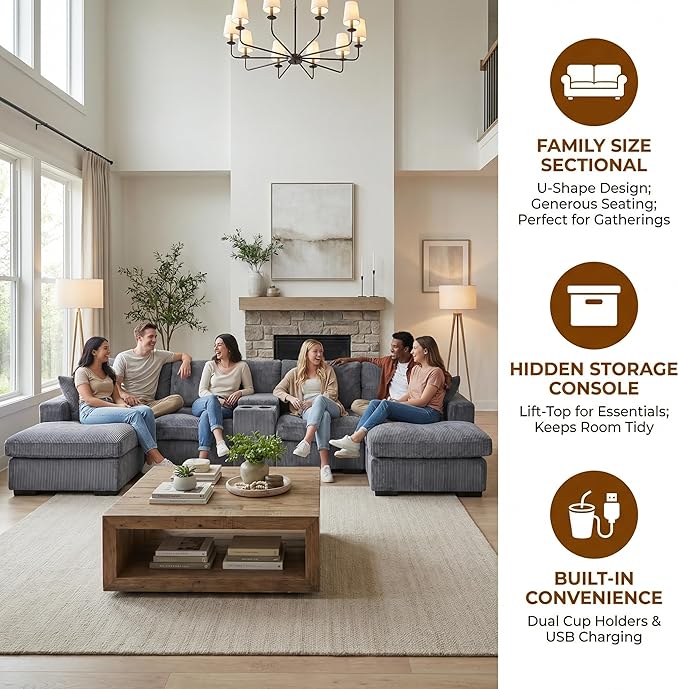 126 U Shaped Sofa Modular Sectional Sofa with Chaise Lounges Modern Couch with Storage Console USB Charging Ports &amp Cup Holders Corduoy Upholstered Deep Seat Couch for Living Room Grey | sto