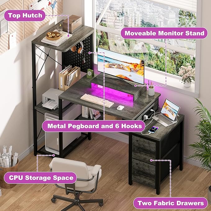 Small Gaming Desk with 2 Fabric Drawers - Reversible Computer Desk with Power Outlet &amp LED Lights 49 Office Desk with Monitor Stand &amp Storage Shelves Writing Study Table with Pegboard Grey