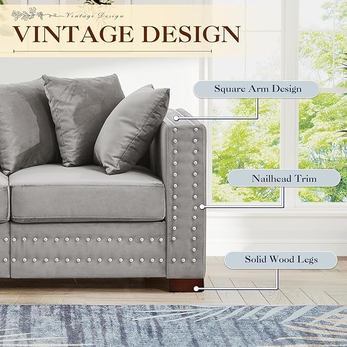 84.5W Mid Century Modern Couch with Storage Upholstered Velvet Sofa Deep Seat Chesterfield Couch with Nailhead Trim &amp Pillows 3-Seat Comfy Sofa for Living Room Bedroom Apartment Office(Grey