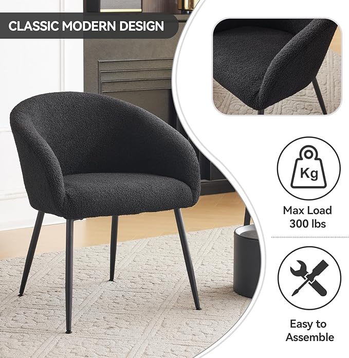 Modern Vanity Chair Living Room Chair with Metal LegsTeddy Fabric Dining Chair Comfy Accent Chair for Makeup Room Waiting Room Dressing Room Bedroom Dining Room Home Office (1PCS Black)
