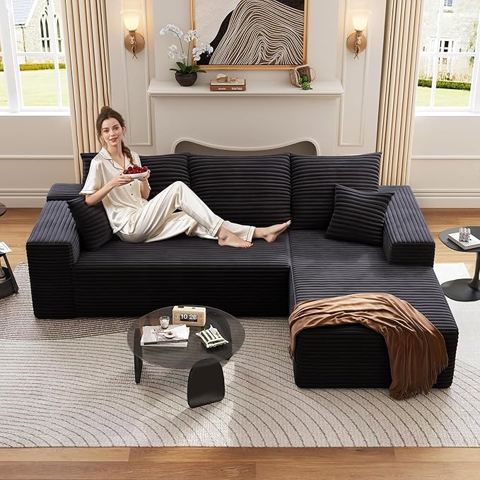 107 Cloud Sectional Couch with L-Shape Chaise Modern Modular Sofa with Deep Seat Corduroy Upholstered Couches for Living Room BedroomNo Assembly Required(Black Right Facing)
