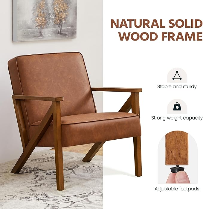 Topeakmart PU Leather Accent Chair Modern Mid Century Armchair Sofa Chair with Wooden Frame and Sturdy Legs for Living Room 1/Light Brown