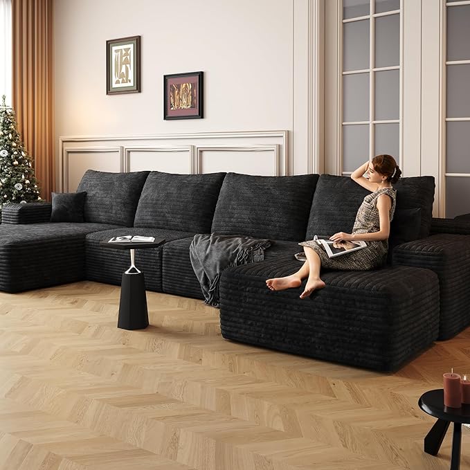 Eafurn Oversized Modular Sectional Sofa Couch with Movable OttomanPlush Corduroy Convertible U/L Shaped Boneless Couch with Left Facing ChaiseDeep Seat High-Density Foam Floor Sofa for Living Room