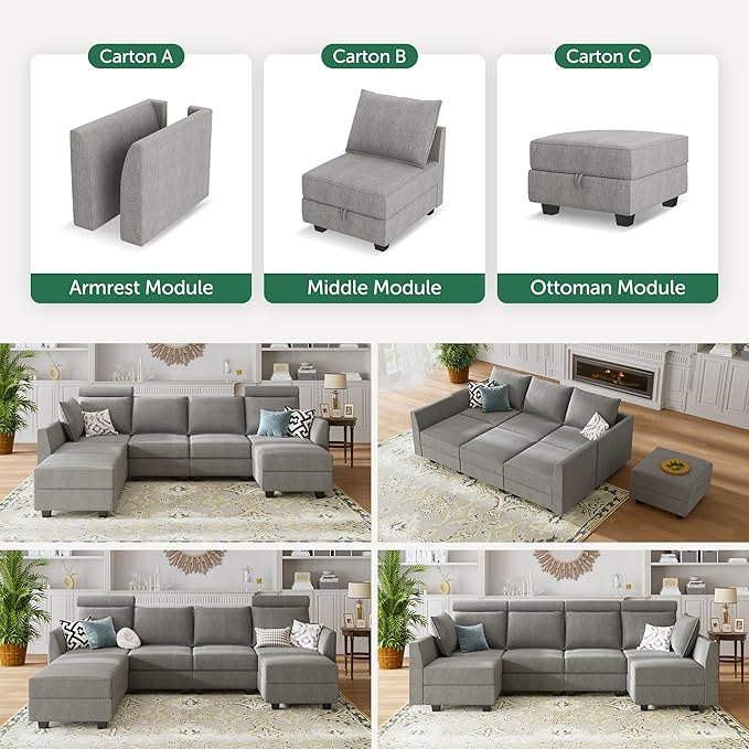 HONBAY Modular Sectional Sofa with Storage U Shaped Modular Sofa 6-Seater Sectional Couch for Living Room Grey