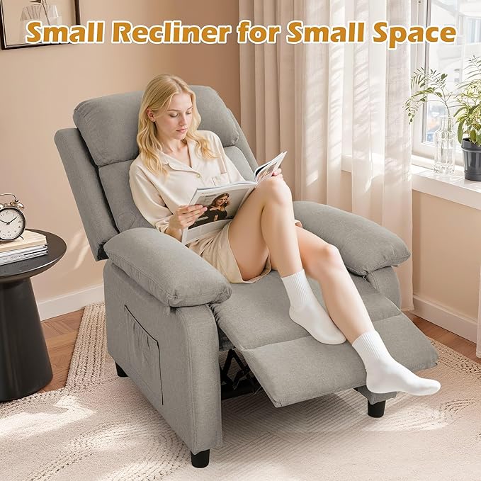 Recliner Chair Living Room Chairs for Adults Padded Deep Seat Reading Chair with Side Pockets Small Recliners for Small Spaces Lounge Chair for Living Room Bedroom and RV (Linen)