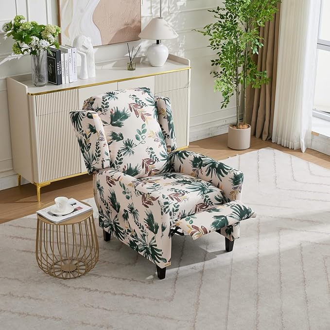 Push Back Recliner Chair with High Back Blue Floral Print Fabric Upholstery Classic Wing Back Design 250 LBS Capacity (Green)