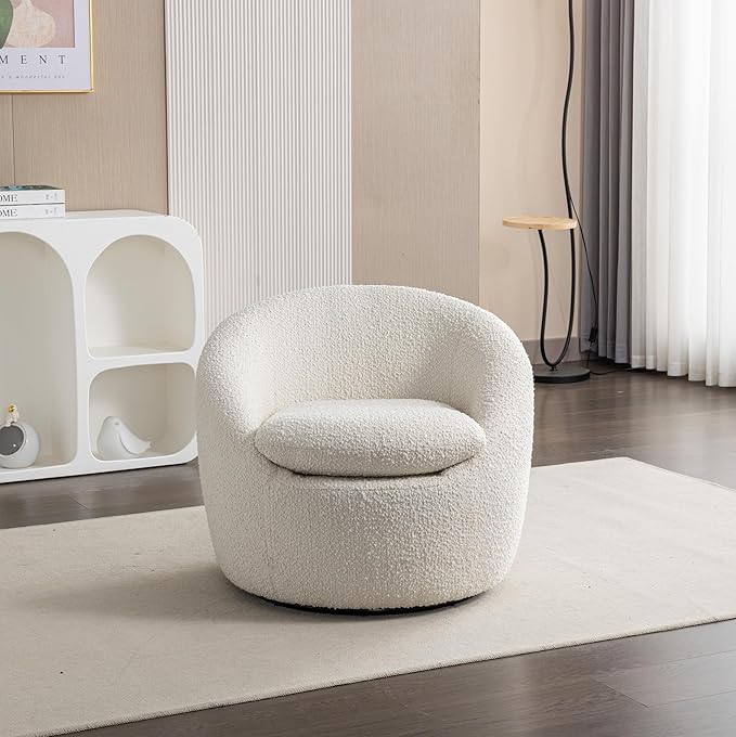 360°Swive Decorative ChairModern Comfortable Barrel Chair Reading Chairs for Living RoomBedroomDressing RoomCream White Teddy