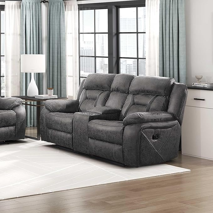 Homelegance Reclining Loveseat Polished Microfiber Manual Double Recliner Loveseat with Center Console Gray