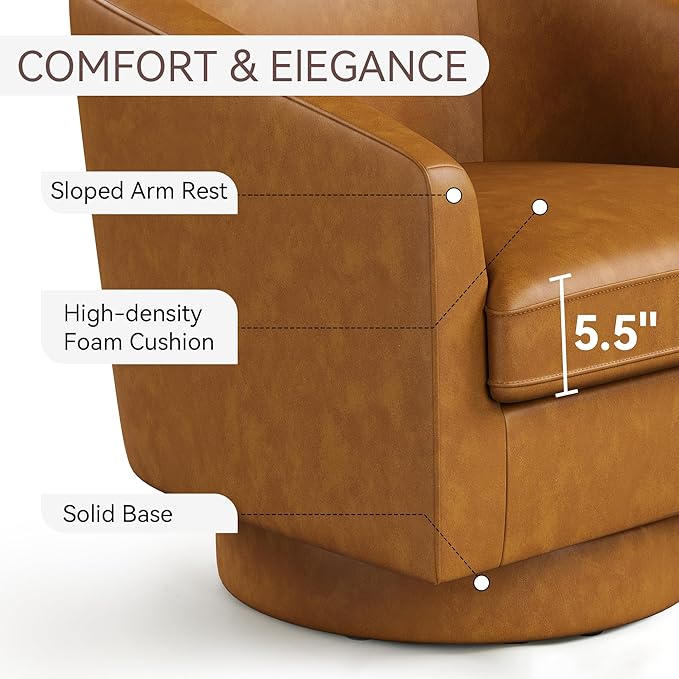 Swivel Barrel Accent Chair Round Faux Leather Living Room Arm Chairs Modern Upholstered Comfty Reading Nook Chairs for Bedroom Small Club Armchair Single Sofa Side Chair Brown