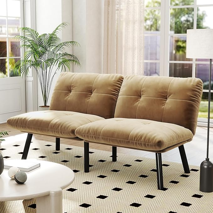 Sofa Bed with Chaise Modern Convertible Sleeper Sectional Loveseat Velvet Futon Couch with Tufted Back and Metal Legs for Small Space Apartment (Brown)