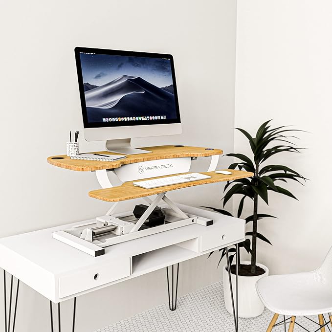 VERSADESK® PowerPro™ 36” x 24” Electric Sit-to-Stand Desk Converter w/Keyboard Tray for Home or Office | USB Charging Port | Supports Multiple Monitors | Lifts 80 lbs. - Natural Bamboo | White Base.