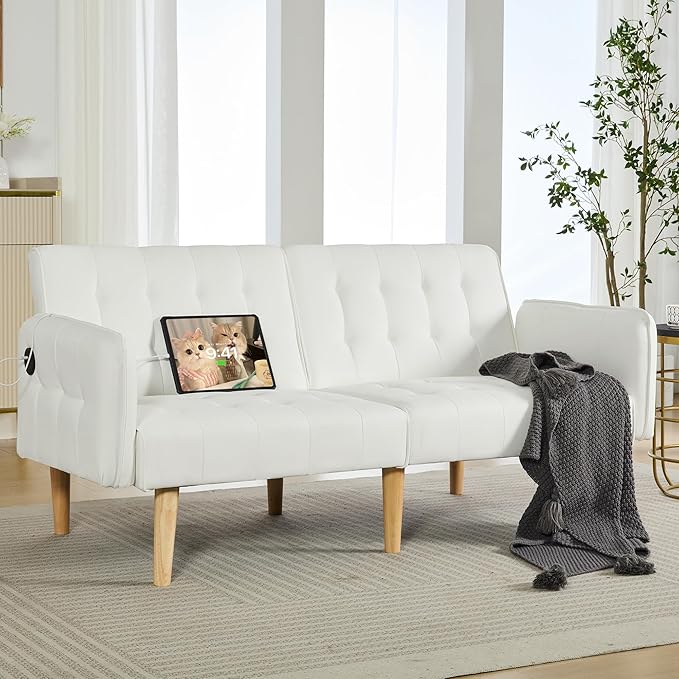TYBOATLE Modern White Faux Leather Upholstered Convertible USB Folding Futon Sofa Bed 65 Couch Love Seats Furniture for Small Space Configuration Apartment Dorm Living Room Office