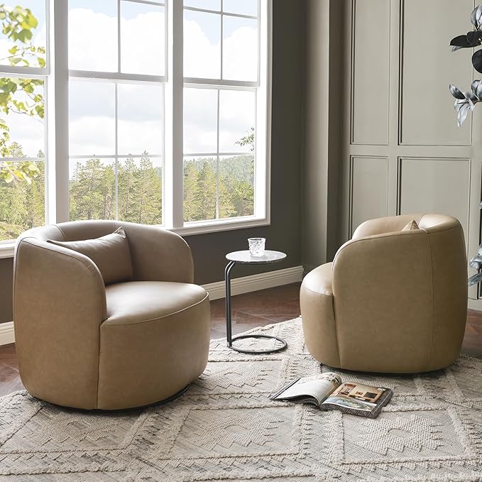 KINWELL Faux Leather Swivel Armchair Set of 2 No Assembly Upholstered PU Leather Swivel Accent Chairs with Toss Pillow for Living Room Office Lounge Khaki