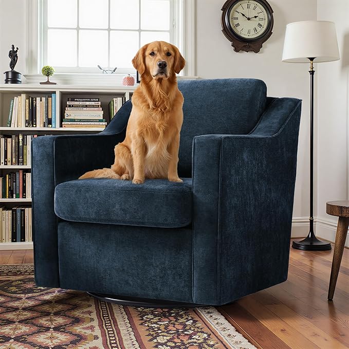 Pia Ricco 2-Pack Plush Oversized Chenille Fabric Swivel Accent Chairs with Removable Covers Living Room Reception Bundle SetGrey Blue