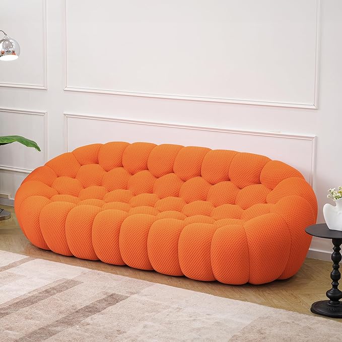 JACH Bubble Curved Couch 98.43'' Comfy Upholstered Sofa Mesh Fabric Floor Sofa 3D Honeycomb Shape Modern Couch for Living Room Office Apartment Small Space (3 Seater Orange)