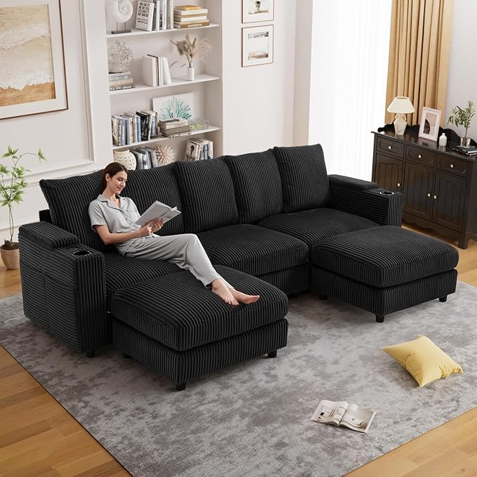 110 Oversized Cloud Couch U Shaped Modular Sectional Sofa L Shaped Sectional Couches for Living Room Comfy Corduroy Cloud Sofa with Ottoman USB Port Cup Holder Armrest Storage Side Pocket Black
