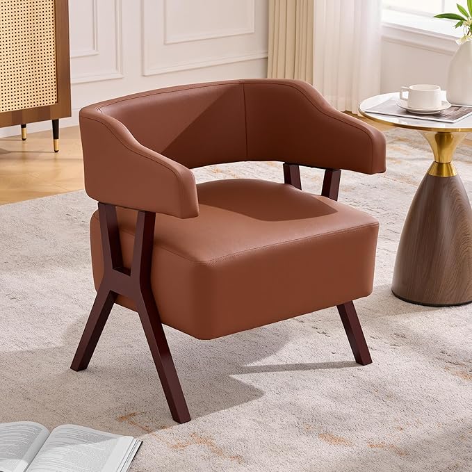 JIASTING Brown Leather Accent Chair with Solid Wood Frame Mid-Century Modern Armchair with Wraparound Back Small Sofa Chair Reading Leisure Arm Chair for Waiting Room Bedroom (1 Brown)