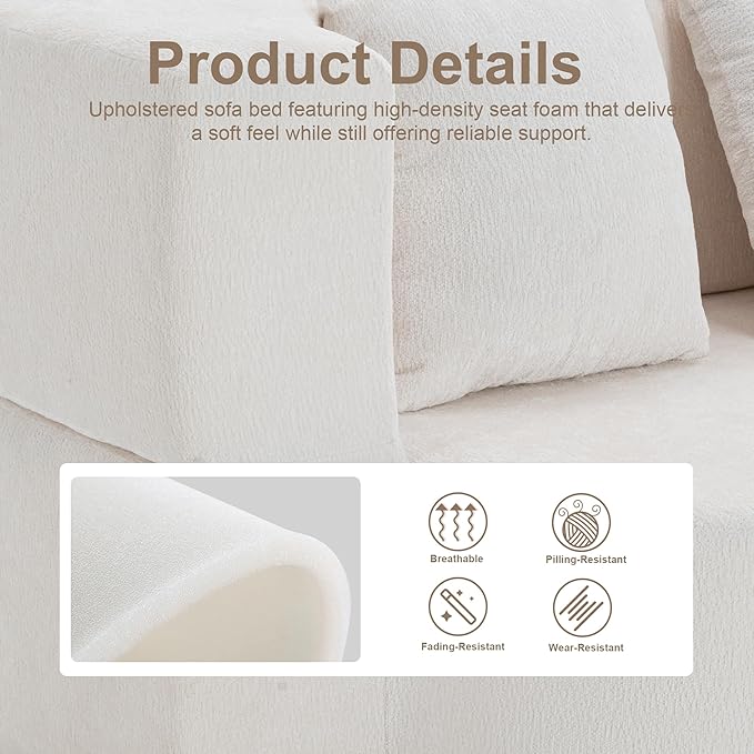 2 in 1 Convertible Sofa Bed 78.8 Modern Loveseat Sofa Couch Curved Folding Sleeper for Living Room Apartment Small Space No Assembly Required Ivory