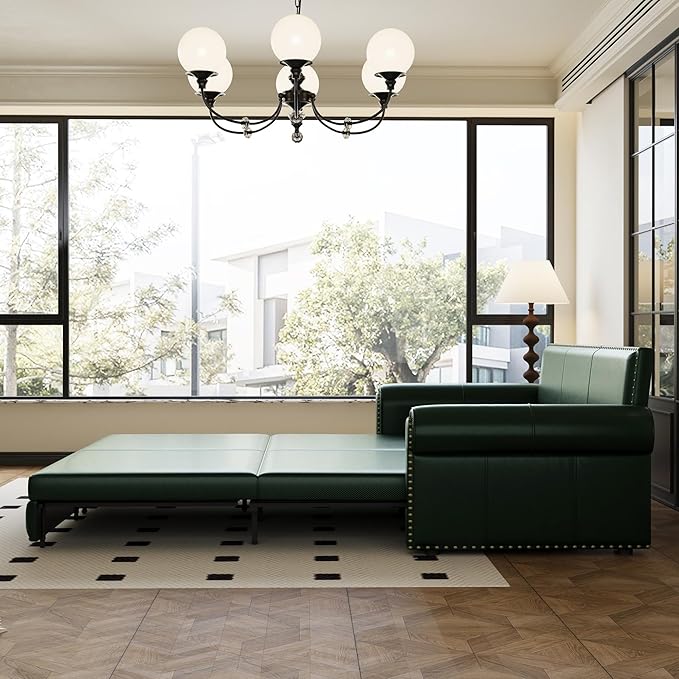 93.7 Faux Leather Convertible Sleeper Sofa 3 in 1 King Size Pull Out Sofa Bed Oversized Loveseat Couch for Living Room Bedroom Lake Green