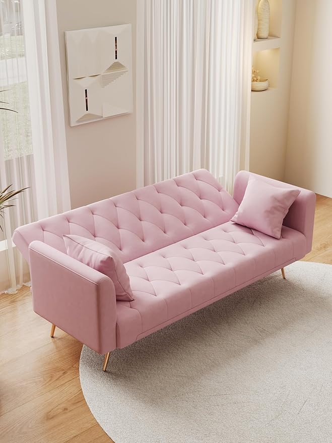 KEIKI 71 INCH Loveseat Sofa with Adjustable Backrest Upholstered 2 Seater Velvet Couch for Living Room Bedroom Office Apartment Pink