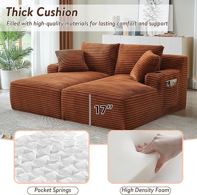 Oversized Double Chaise Lounge Chair Indoor Fluffy Upholstered Corduroy Sofa Bed with Throw Pillows Comfy Sleeper Deep Seat Sectional Loveseat Sofa Couch for Living Room (Orange)