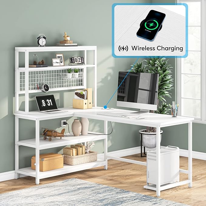 LITTLE TREE L-Shaped Computer Desk 55 Inch Reversible Office Desk Study Writing Table with Wireless Charging and Bookshelf for Home Office White