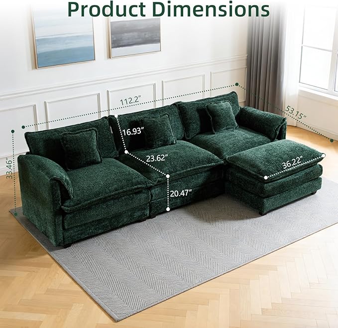 GNIXUU 112 Green Modular Cloud Couch Sofa Modern Chenille L Shaped Sectional Couches for Living Room Comfy Deep 4 Seater Sofa with Movable Ottoman &amp 3 Pillows