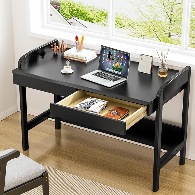 100% Solid Wood Desk with Drawers - 40 Inch Simple Modern Desks Writing Desk with Drawers &amp Shelf Work Study Table Adjustable Height Home Office Computer Desks - Black