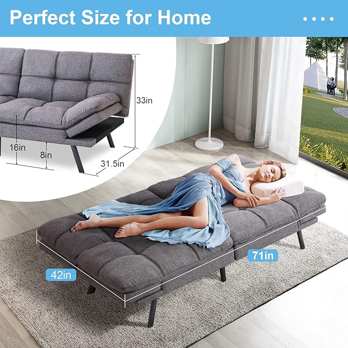 Opoiar Modern Convertible Sleeper Sofa Memory Foam Futon 71x33x32 Loveseat Bed Breathable Linen Adjustable Lounge Couch with Metal Legs Dark Grey