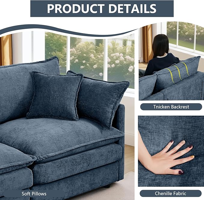 GNIXUU 102 Modular Sectional Sofa L Shaped Cloud Couch with Movable Ottoman &amp 4 Pillows Deep Seat Chenille 4 Seater Sectional Couches for Living Room Apartment (Blue)