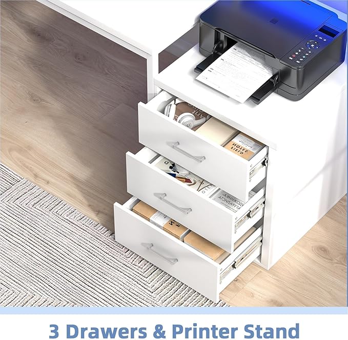 67'' White Desk with Drawers Computer Desk with Printer Shelf Home Office Desk with Moniter Stand and LED Lights White