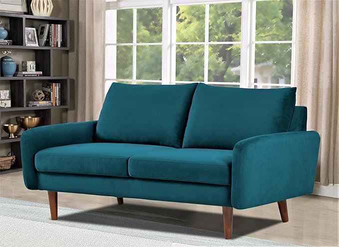 Kent Velvet Loveseat Sofa for Modern Living Rooms and Compact Spaces Comfy 2 Seater Couch Studio Apartment Furniture with Sleek Design Greenish Blue
