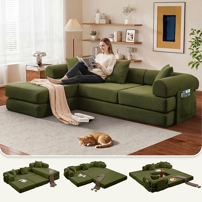 L Shaped Modular Sofa Bed with Cylindrical Pillow &amp Reversible Chaise Corduroy Folding Floor Convertible Sofa Couch Bed with Fixed-Shape Frame &amp Storage Pocket for Living Room Green
