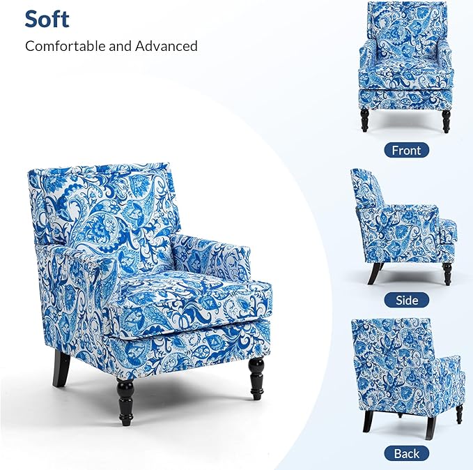 Rovibek Midcentury Modern Accent Chair - High Back Living Room Chairs Upholstered Armchair with Solid Legs Blue and White Porcelain Printed Accent Chairs for Bedroom Living Room Balcony