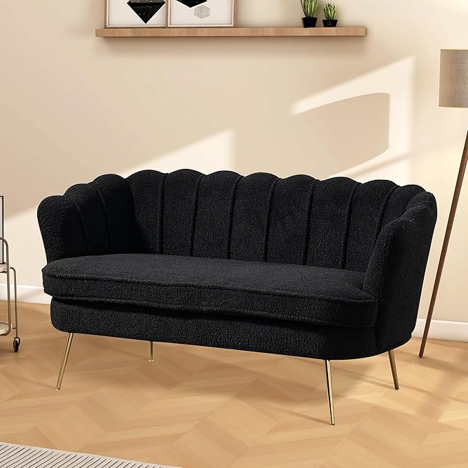 Aoiy &amp Wifon 59 W Comfy Small Loveseat for Small Spaces Upholstered 2-Seat Settee Loveseat with Metal Legs Boucle Black