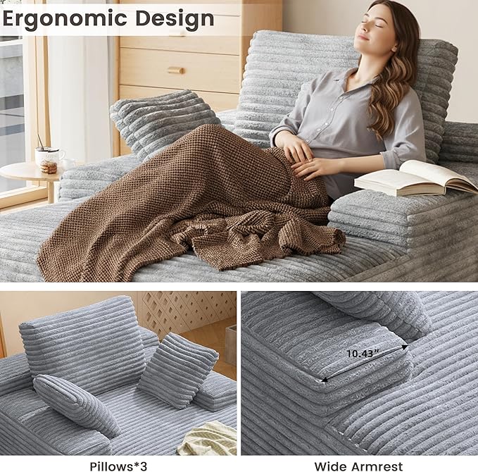 67'' Chaise Lounge Chair Indoor Oversized Boneless Sofa Bed Fluffy Corduroy Sleeper Sofa for Apartment Bedroom Living Room Comfy Cloud Boneless Couch Reading Recliner No Assembly Light Grey