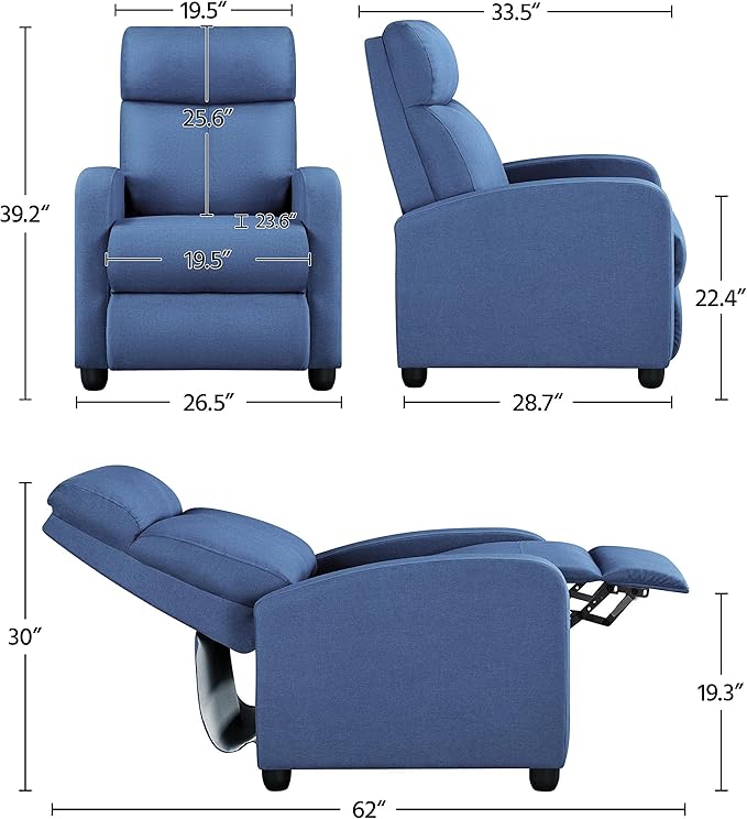 Yaheetech 2-Seat Fabric Pushback Recliner Chair with Thick Seat Cushion and Backrest Reclining Chair for Living Room Home Theater Light Blue