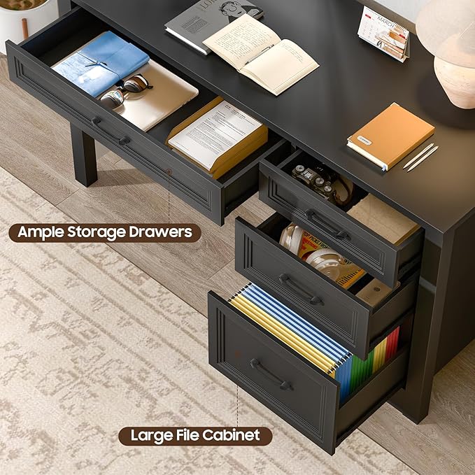 Vabches Farmhouse Executive Desk with Storage and Ample File Drawer Rustic Large Home Writing Desk for Bedroom Pure Black