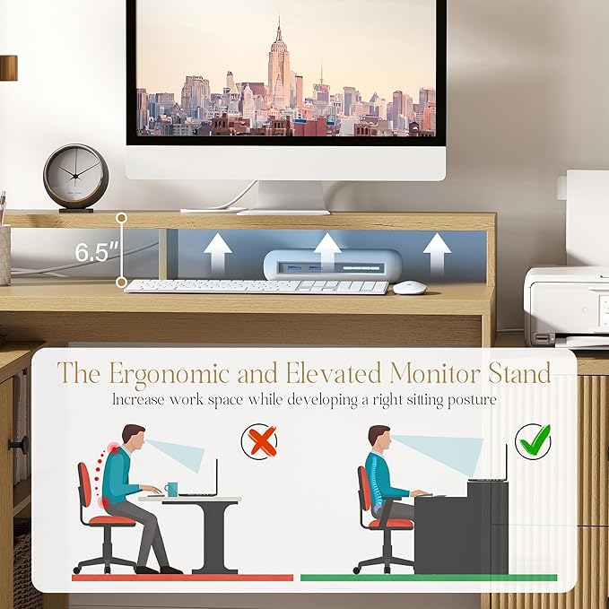 67 L Shaped Executive Desk with Drawers &amp Storage Shelf Corner Computer Desk with Power Outlets Home Office Desk with Monitor Stand Printer Shelf Computer Writing Desk for Work Oak