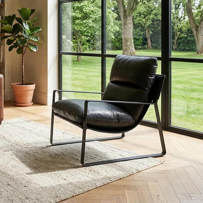 CIMOTA Modern Accent Chair Black PU Leather Upholstered Lounge Armchair with Black Metal Frame for Living Room Bedroom Office 2PCS