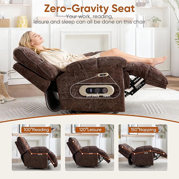 Oversized Swivel Power Rocker ReclinerElectric Recliner Chairs for AdultsExtra Wide Seat ReclinersUpholstered Nursery Reclining Glider ChairSwivel Chairs for Living RoomBrown