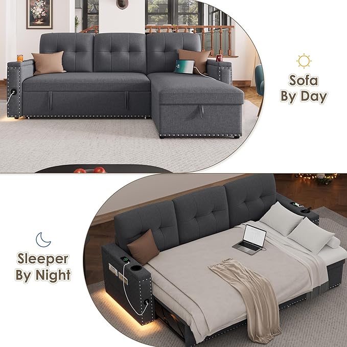 HIFIT Sleeper Sofa Bed- 81 L Shaped Pull Out Couches for Living Room with Storage Chaise 2 Storage Armrest LED Light&ampUSB Port&ampCupholder Modern Linen Sectional Home Sofa Living Room Furnitu