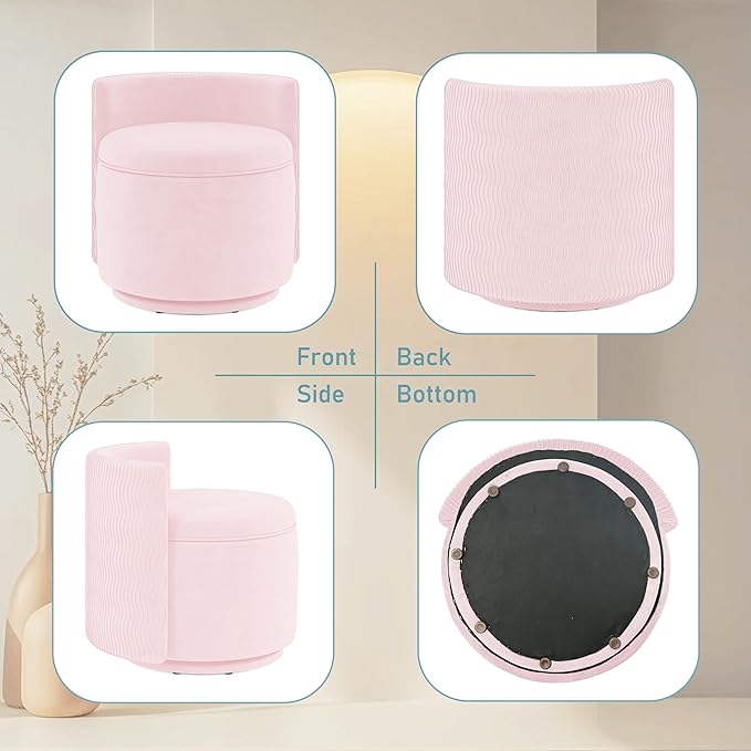 360° Swivel Accent Chair with Storage Vanity Stool with Back Velvet Storage Ottoman Upholstered Round Barrel Vanity Chair for Living Room Makeup Room Bedroom (Pink)