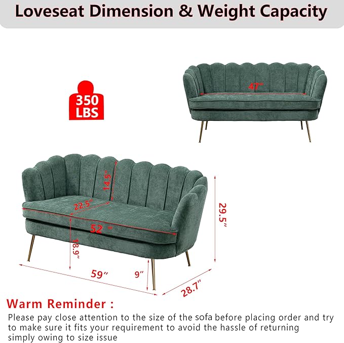Chenille Small Sofa Couch for Small Spaces Living Room Bedroom59 Loveseat Couches with Gold Metal LegsChannel Tufted 2 Seater Sofas with Curved Back and Arms for ApartmentRV