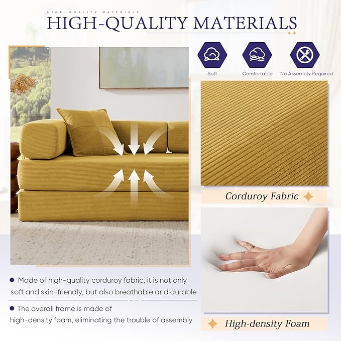 Convertible Folding Sofa Bed Corduroy Sleeper Mattress Couch with Fixed-Shape Frame Free Combination Loveseat Lounge Floor Sofa Queen Size Memory Foam Couch for Living Room Bedroom Yellow