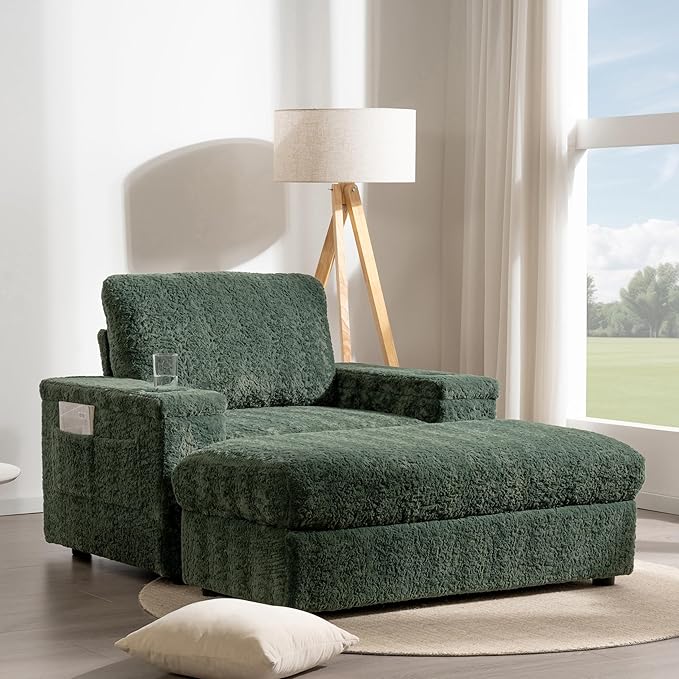 P PURLOVE Oversized Chaise Lounge Chair Indoor with Storage and OttomanSleeper Chair with Cup Holder and Storage ArmrestReclining Chair for Living RoomBedroomOffice